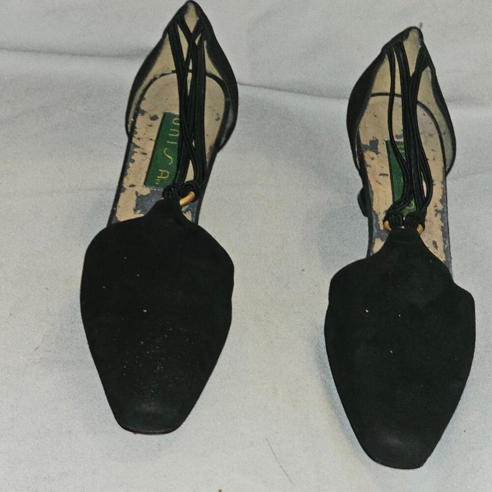 Women's vintage black suede low heel strappy dress sandal by Unisa